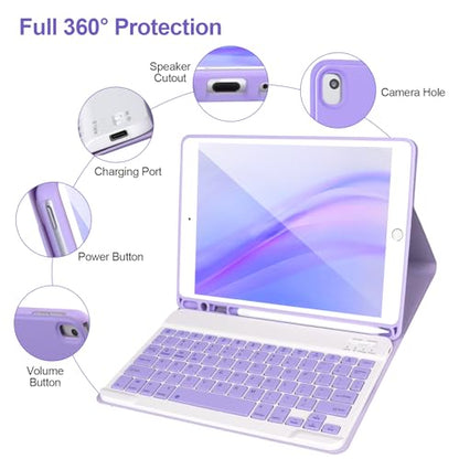 AHYWTAN Keyboard Case for iPad 9/8/7th Gen 10.2’’,Case with Keyboard ipad 10.2 inch,Detachable Bluetooth Keyboard with Pencil Holder,Purple - color: Purple