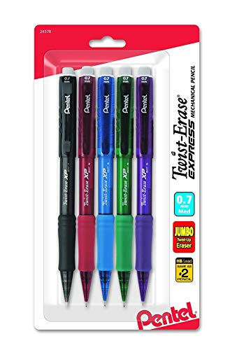 Pentel Twist-Erase Express Mechanical Pencil, (0.7mm), Medium Line, Assorted Fashion Colors, Pack of 5 (QE417FBP5M) - size: 5 Count (Pack of 1)