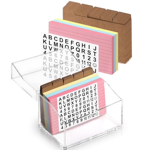 3 x 5 Inch Acrylic Index Card Holder Clear Flash Card Holder Recipe Card Box 150 Pcs Ruled Lined Index Cards 30 Pcs Kraft Dividers A to Z Stickers For Holds 400 A-Z Tabs Note Cards Business Cards - color: Clear