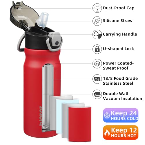 BJPKPK 18oz Insulated Water Bottle with Straw Stainless Steel Double Wall Water Bottles BPA Free Leak Proof Thermal Flask with Lockable Flip Lid and Soft Silicone Spout,Red - color: Red, size: 18 Ounces