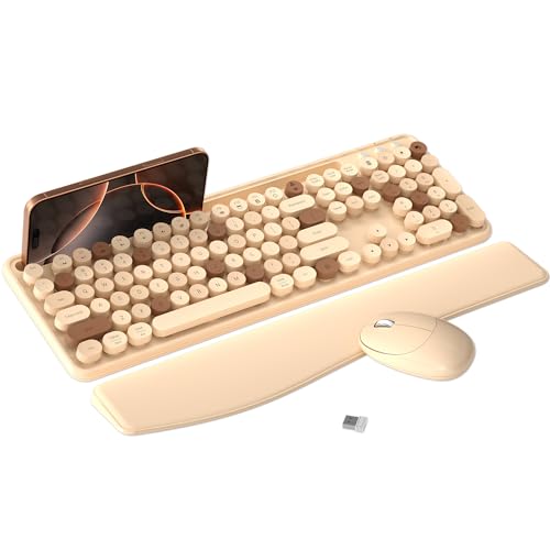 MPTOG Colorful Wireless Computer Keyboard and Mouse Combo with Phone Holder, Wrist Rest, Typewriter Keys, 2.4GHz Wireless, Full-Sized Optical Mouse for PC and Laptop (Milk Tea) - color: Milk Tea