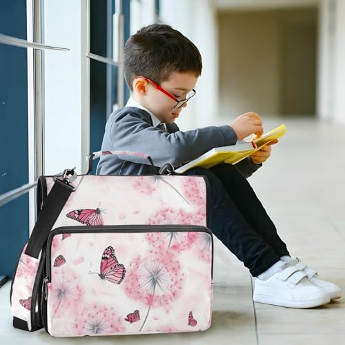 Pink Dandelion and Butterfly Zipper Binder 3 Ring 1.5 Inch School Binder Organizer with Shoulder Strap Handle File Folder Pockets Large Capacity Students Girl Boy Men Office Work - color: Pink Dandelion and Butterfly