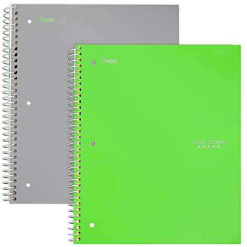 Five Star Spiral Notebooks, 3 Subject, Wide Ruled Paper, 150 Sheets, 10-1/2" x 8", Gray, Lime, 2 Pack (38429) - color: Gray/Lime
