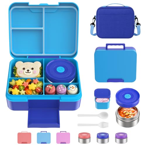 Bento Lunch Box Set for Kids with 8.5oz Hot Food Jar Leak-Proof Lunch Food Container with Insulated Lunch Bag for Toddlers Girls Boys Teens to School, Office, Picnic, Camping, Travel - Blue - color: Blue