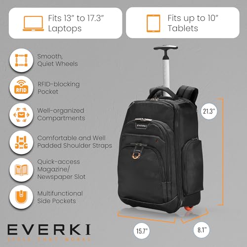 EVERKI Atlas Wheeled 30L Laptop Backpack - Rolling Backpack for Men & Women, Carry-On Travel Roller Backpack for Laptops, Fits 13 to 17.3 Inches with Adjustable Compartment for Business & Work - Black - size: Atlas Original - 30L