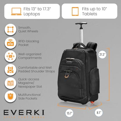 EVERKI Atlas Wheeled 30L Laptop Backpack - Rolling Backpack for Men & Women, Carry-On Travel Roller Backpack for Laptops, Fits 13 to 17.3 Inches with Adjustable Compartment for Business & Work - Black - size: Atlas Original - 30L