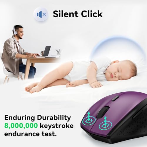 TECKNET Wireless Mouse, 2.4G USB Computer Mouse with 6-Level Adjustable 4800 DPI, 30 Months Battery, Ergonomic Grips, 6 Buttons Portable for PC, Chromebook, Mac - Purple - color: Purple