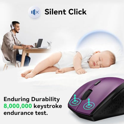 TECKNET Wireless Mouse, 2.4G USB Computer Mouse with 6-Level Adjustable 4800 DPI, 30 Months Battery, Ergonomic Grips, 6 Buttons Portable for PC, Chromebook, Mac - Purple - color: Purple