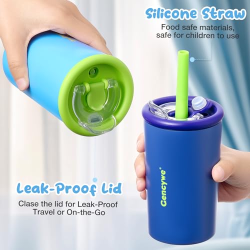 Gencywe® 2 PACK Kids Double Walled Stainless Steel Cups with Straws and lids | 12 oz Spill-Proof Sippy Smoothie Tumbler Set, Small Kids Snack & Drink Water Cups, BPA-Free (Age: 3+ years old & up) - color: Blue