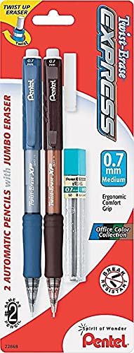 Pentel Twist-Erase Express Automatic Pencil with Lead and Eraser, 0.7mm, Assorted Barrels, 2 Pack (QE417LEBP2) - size: 2 Count (Pack of 1)