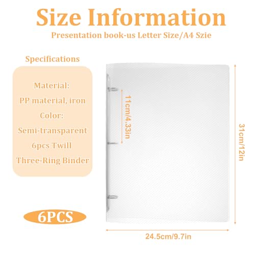 6 Pack Plastic 3 Ring Binder, Flexible Round Ring Presentation Binders, Refillable Binder, 3 Rings Binders with Clear Cover(O-Ring,1 Inch), Can Hold 120 Sheets of A4 Paper