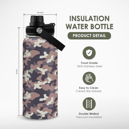 Camouflage Insulated Stainless Steel Water Bottle 32oz, Vacuum Chug Lid Travel Tumbler for Men Friends Dads Grandpa, Birthday Christmas Fathers Day (Desert Camo) - color: Camouflage 4