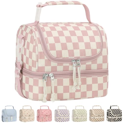Vankor Corduroy Lunch Box Kids Insulated Lunch Bag Double Decker, Cute Leak-Proof Lunch Box for Boys Girls, Portable Cooler Lunch Bag Thermal Lunch Tote for School Picnic Travel, Pink Checkered - color: Pink Checkered