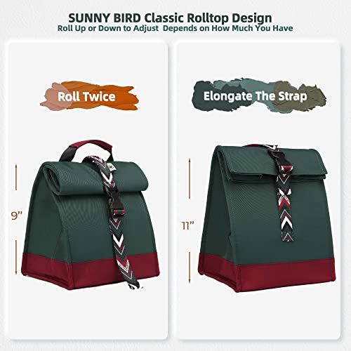 SUNNY BIRD Insulated Lunch Bag Rolltop Lunch Box (Green with Boho strap) - color: Green with Boho strap