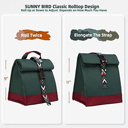 SUNNY BIRD Insulated Lunch Bag Rolltop Lunch Box (Green with Boho strap) - color: Green with Boho strap