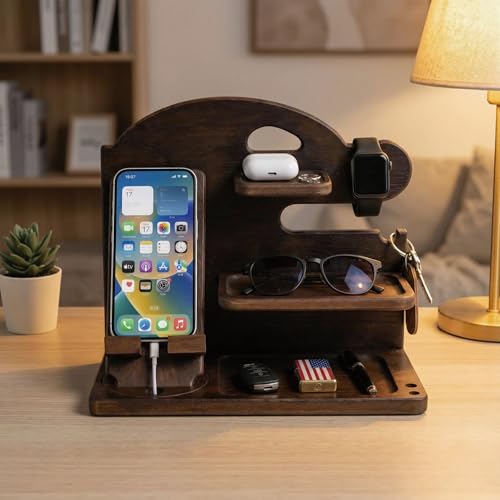 Wooden Phone Docking Station for Men, Solid Wood Nightstand & Desk Organizer, Ideal Gift for Dad and Husband