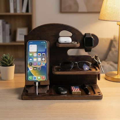 Wooden Phone Docking Station for Men, Solid Wood Nightstand & Desk Organizer, Ideal Gift for Dad and Husband