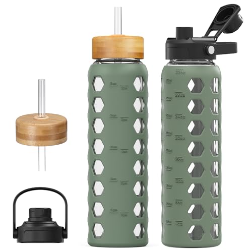 MUKOKO Glass Water Bottle, 32oz, Olive | Glass Tumbler with Straw, Drinking Bottles with 2 Lids-Handle Spout Lid & Bamboo Straw Lid, Silicone Sleeve, 1 Pack - color: Olive, size: 32 Ounces