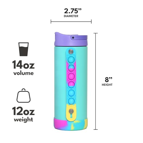 Elemental Iconic Kids Water Bottle with Straw Lid & Stress Relief Pop It Handle, Leak-Proof When Closed, Triple Insulated Kids Stainless Steel Water Bottle For Girls and Boys, 14oz - Blue Tie Dye - color: Blue Tie Dye, size: 14 Ounces