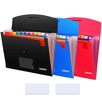 3 Pack 13-Pocket Expanding File, Plastic Expandable File Folder with Pockets, Accordion Organizer Folder - Black&Blue&Red - size: 3Pack-13Pocket