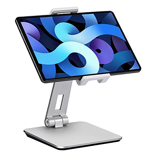 Tablet Stand Adjustable & Foldable, 360° Swivel Heavy Aluminum Tablet Holder for Desk, Compatible with iPad Pro/Air/Mini, Galaxy Tab, Surface Pro, Kindle Fire (7-13") (Silver) - color: Silver