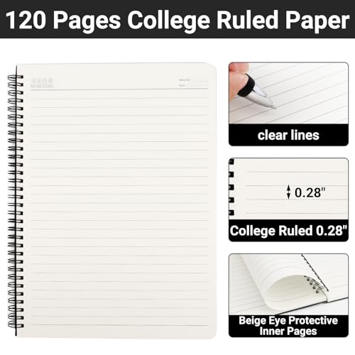 EUSOAR Spiral Notebook, 6 Packs A4 11" x 8.5" Composition Notebook College Rule, 120Pages/ 60Sheets Thick Paper Notebook Journals for Women Men Student Office School Traveling Diary Note Taking-Black - color: Black, size: 6Packs