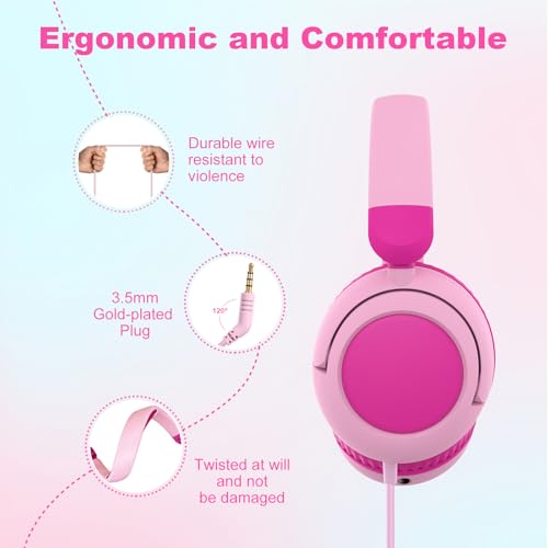 V8 Kids Headphones,Toddler Headphones with Mic, 85/94dB Volume Limiter, Tangle-Free 3.5mm, Stereo Sound, Shared Interface, Adjustable Portable Headphones for School & Travel （Pink） - color: Hot Pink
