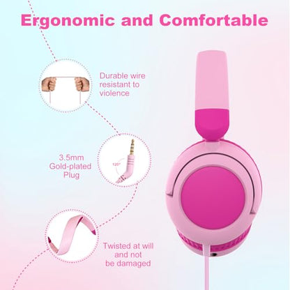 V8 Kids Headphones,Toddler Headphones with Mic, 85/94dB Volume Limiter, Tangle-Free 3.5mm, Stereo Sound, Shared Interface, Adjustable Portable Headphones for School & Travel （Pink） - color: Hot Pink