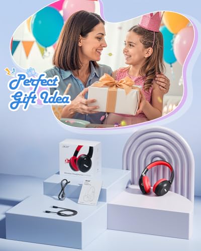 Acer Kids Bluetooth Headphones, 85/94dB Volume Limiter, Foldable Wireless Over-Ear Headphones for iPad, Travel, 60H Playtime, Bluetooth 6.0, Built-in Mic, Black Red - color: Black Red
