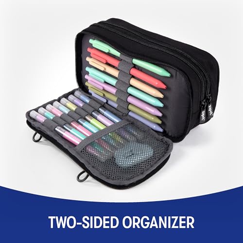 ZIPIT Half & Half Pencil Case, 3 Compartment Zipper Pouch for School, Stationery Bag for Teen Girls Boys and Adults, Black - color: Black Glow