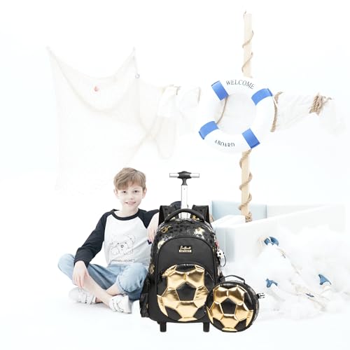 Kids Rolling Backpack Roller Backpack with Wheels Elementary Kindergarten School Students Football Trolley School Bag for School Boys - color: Football Black