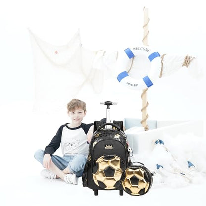 Kids Rolling Backpack Roller Backpack with Wheels Elementary Kindergarten School Students Football Trolley School Bag for School Boys - color: Football Black