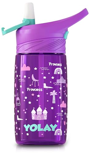 YOLAY 15oz Kids Water Bottle For School Boys and Girls, Durable Toddler Water Bottle with Straw Lid Leak-Proof, Spill Proof, Easy Clean and Dishwasher Safe with Re-Usable and BPA Free - Princess - color: Princess