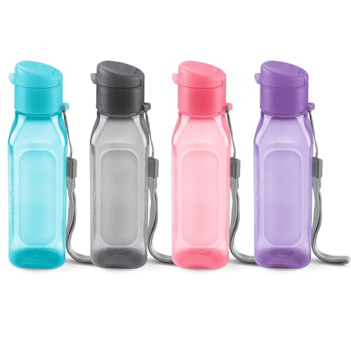 Bulk Set of 4 10oz Multicolor Water Bottles for Kids and Adults - Leak Proof With Carry Strap - Square Reusable for Juice, Drinks - BPA-Free Dishwasher-Safe - color: 4 pack pastel