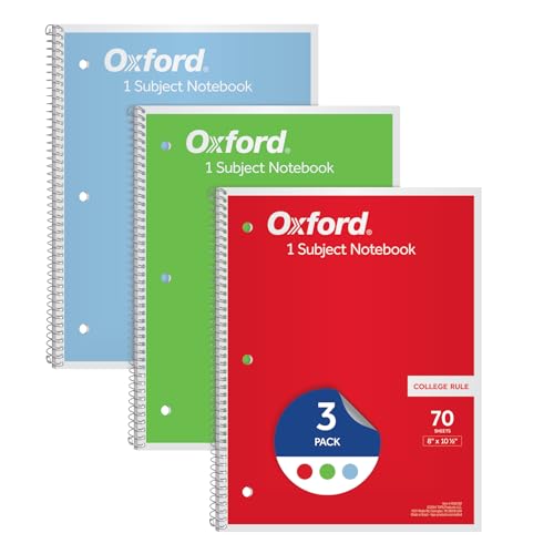 Oxford 1-Subject Notebooks, Notebooks for School, 8 x 10.5 Inches, College Rule, 70 Sheets, Assorted Primary Colors, 3 Pack, Colors May Vary (1006792) - size: (Pack of 3)