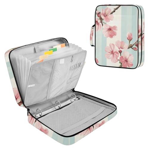 ALAZA Cute Cherry Flowers Stripes Zipper Binder with Handle, 7-Pocket Expanding File Folder, Detachable 3-Ring Binder, File Organizer for Home Office Work A4 Letter Size Paper Document