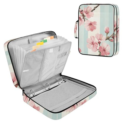 ALAZA Cute Cherry Flowers Stripes Zipper Binder with Handle, 7-Pocket Expanding File Folder, Detachable 3-Ring Binder, File Organizer for Home Office Work A4 Letter Size Paper Document