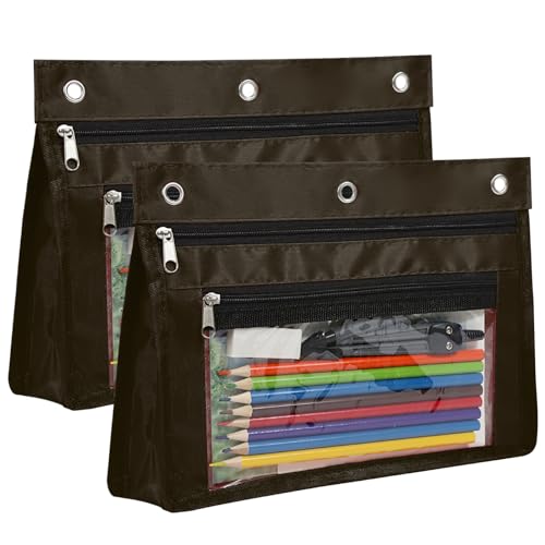 YoeeJob 2 Pack 1 Inch Expandable Zipper Pencil Pouches with Clear Window for 3 Ring Binder, Suitable for School & Office（Coffee Color） - color: Coffee Color