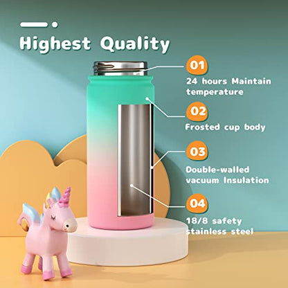 Gonfoam 16oz Kids Stainless Steel Insulated Water Bottle | DIY Stickers, BPA-free, Leak-proof, Sturdy, Keeps Cold 24h, Easy to Carry, Easy to Clean, Back to School, Gifts - color: Green and Pink, size: 16 Ounces