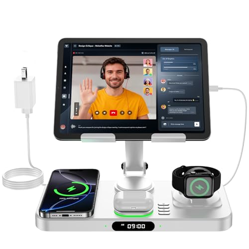 6 in 1 Wireless Charger for Apple Multiple Devices, Charging Station with Clock &7 Color Ambient Light, Foldable Rotate Stand for iPad, for iPhone17/16/15, Support for Apple Watch11/10 For AirPods4 - color: Ivory