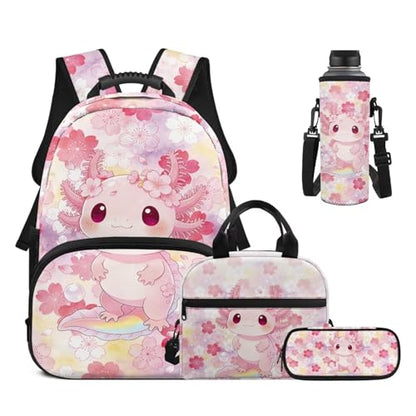 17 Inch Kid's 4PCS Backpack Set, Back to School Essentials | Insulated lunch box, water bottle pouch, pencil case, lightweight, padded shoulder straps, for elementary, middle school - color: Cherry Blossom Axolotl