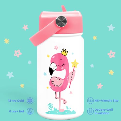 Flamingo Water Bottle - Kids Water Bottle with Straw Lid - 12 Oz Insulated Stainless Steel Water Bottles for Kid Girls - Travel Cup for School Sports - color: Flamingo 1