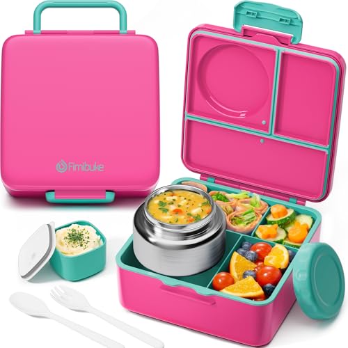 Fimibuke Bento Lunch Box for Kids Adult, 3-4 Compartment 60OZ Toddler Lunch Box Container with Leakproof 8OZ Insulated Food Jar, Sauce Jar, Utensil for School Boys Girls, BPA-Free Dishwasher Safe - color: B11.Fuchsia & Teal