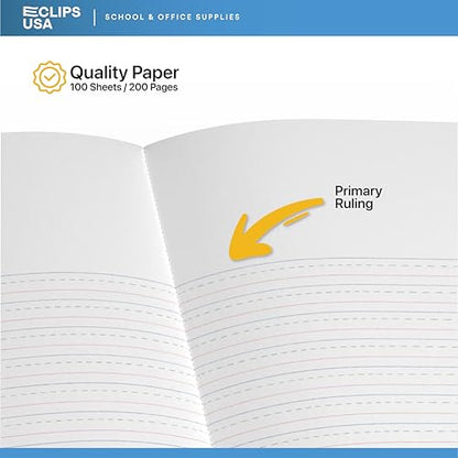 E-CLIPS USA Primary Composition Notebook K-2 Primary Ruled Composition Book Primary Writing Journal Bulk Grades K-2 Story Composition Notebooks For Kids 100 Sheets 200 Pages 7.5" x 9.75" (4 Pack) - size: 4 Pack