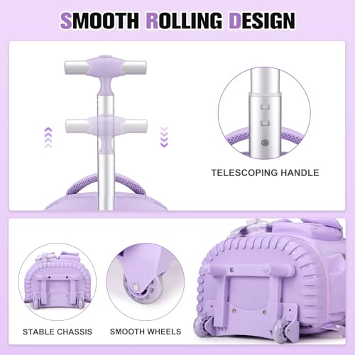 ACESAK Rolling Backpack for Girls - Roller Wheels School Bookbag with Lunch Bag & Pencil Pouch for Teen Girls Kids Wheeled Suitcase Backpacks, Elementary Middle School Travel Daypack (Purple) - color: Purple