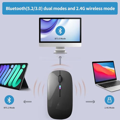 Wireless Bluetooth Mouse, Rechargeable, LED, Silent, Ultra-thin Design (Bluetooth 5.2 and 2.4GHz USB Receiver) | Portable Computer Mouse for Laptops, iPads, MacBooks and Apple Devices (Grey) - color: Grey