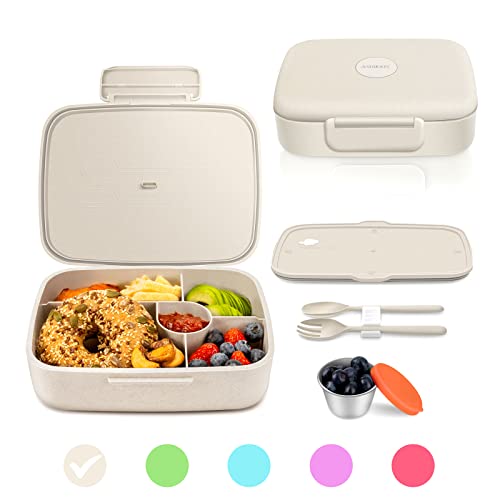 Bento Lunch Box, 5 Compartments Lunch Container for Kids/Adults with Snack cup, Wheat Fiber Eco-Friendly Double Insulated Boxes, Dishwasher and Microwave Safe, BPA-Free (White) - color: White