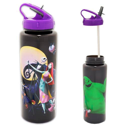 Disney The Nightmare Before Christmas Reusable Water Bottle Set Bundle 30 Oz Plastic Water Bottle with Spout for Home, School, Sports Plus Sticker, and More | Jack Skellington Container