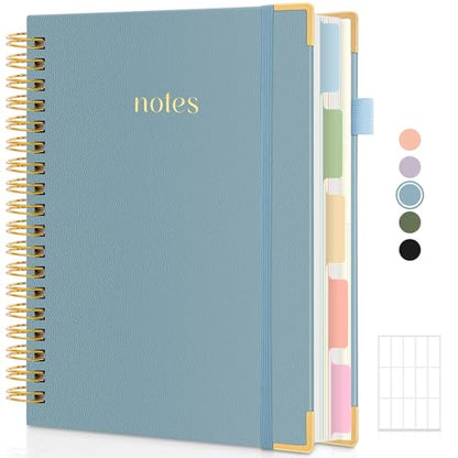 SKYDUE 5 Subject Notebook with Dividers and Tabs, 8" x 10" College Ruled Notebook for Work, 300 Pages Spiral Journal for Women, Blue - color: Blue