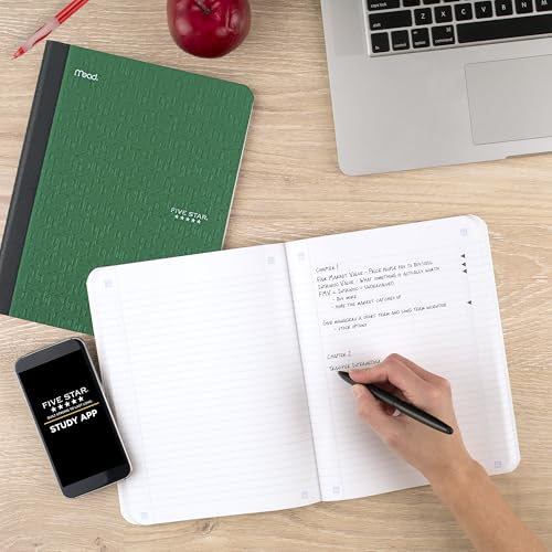 Five Star Composition Book + Study App, 4 Pack, College Ruled Paper, 7-1/2" x 9-3/4", 80 Sheets, Forest Green, Pacific Blue, Fire Red and Black (850065B-ECM) - size: 4 Pack, style: College Ruled